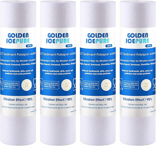 GOLDEN ICEPURE PP10 Water Filter, 5 Micron 10" x 2.5" Whole House Sediment Water Filter, Compatible with WHKF-GD05, Aqua-Pure AP110, Culligan P5, DuPont WFPFC5002, CFS110, RS14 10 inch RO System Unit