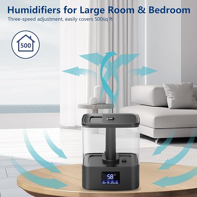 4L Top Fill Humidifiers for Bedroom & 60H Runtime - Cool Mist Humidifier, 3 Mist Levels, 8H Timer, Essential Oil Tray, Humidity Display, Quiet for Bedroom, Baby, Plants, Large Room
