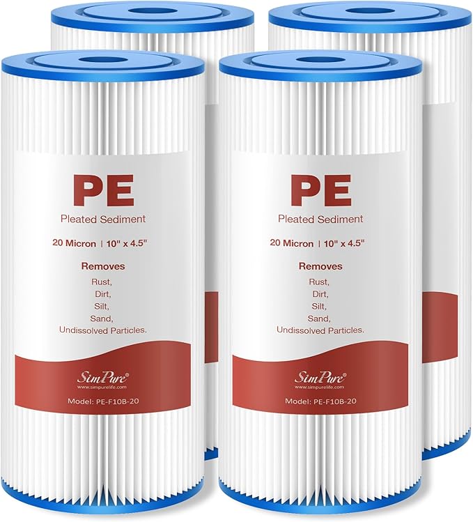 SimPure 10"x4.5" Pleated Sediment Water Filter, 20 Micron Whole House Water Filter Cartridge for Well Water Compatible with FXHSC, ECP20-BB, R50-BBSA, CB1-SED10-BB (4 Pack)