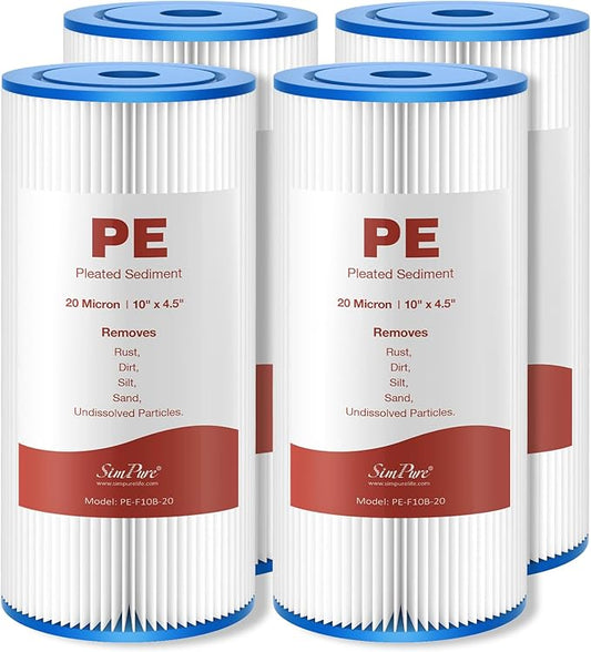 SimPure 10"x4.5" Pleated Sediment Water Filter, 20 Micron Whole House Water Filter Cartridge for Well Water Compatible with FXHSC, ECP20-BB, R50-BBSA, CB1-SED10-BB (4 Pack)