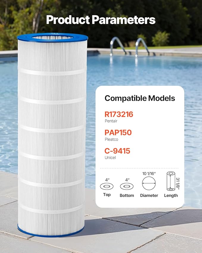 VEVOR CC150 Pool Filter Cartridge Replacement for Pentair Clean & Clear 150, Replace Pleatco PAP150, Pentair R173216, Unicel C-9415, 150 sq.ft,L x OD:31 1/8" x10 1/16"
