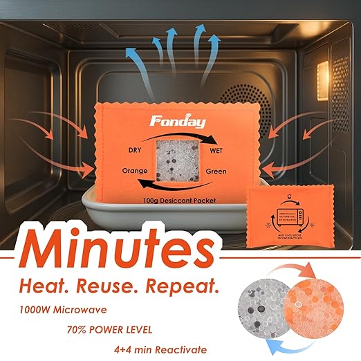 100Gram 10Packets Fonday Rechargeable Silica Gel Desiccant Packets Food Grade Fast Reactivate Desiccant Bags Moisture Indicating Orange to Green