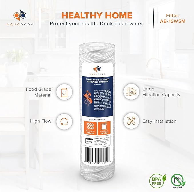 Aquaboon Whole House 5 Micron 10 x 2.5 String Wound Sediment Water Filter Cartridge Replacement Compatible with Well Water Filter WHKF-WHSW, 50-Pack