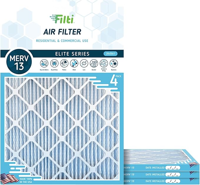 FILTI 20x30x1 Air Filter MERV 13 | Pleated Home Air Filter | HVAC AC Furnace Filter MADE IN USA (4 Pack)