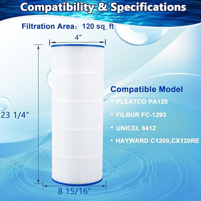 C1200 Pool Filter Compatible with Hayward C1200, CX1200RE, Pleatco PA120, Unicel C-8412, Clearwater II 125, 120 sq.ft, 2 Pack