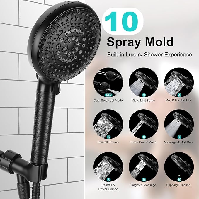 Filtered Shower Head with Handheld, 8+2 Modes High Pressure with Multi-Stage Filter Beads for Hard Water - Gentle on Skin & Hair, Long Stainless Steel Hose, Overhead Brackets, G1/2 Universal (Black)