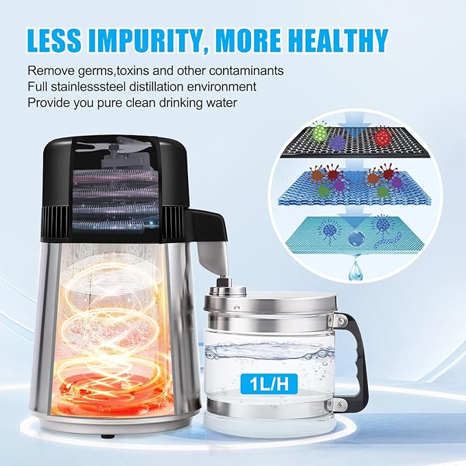 DC House Distilled Water Machine 1 Gallon, Stainless Steel Water Distiller for Home Countertop 110V 750W Purifier for Humidifier Office CPAP with Smart Switch, Glass Pot