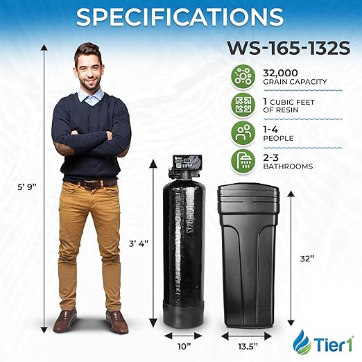 Tier1 Whole House Water Softener System Compact 32,000 Grain High Efficiency with Sediment Pre-Filter | Pre-Filled Mineral Tank with 1 Cubic Foot of Cation Resin | Home Water Filtration System
