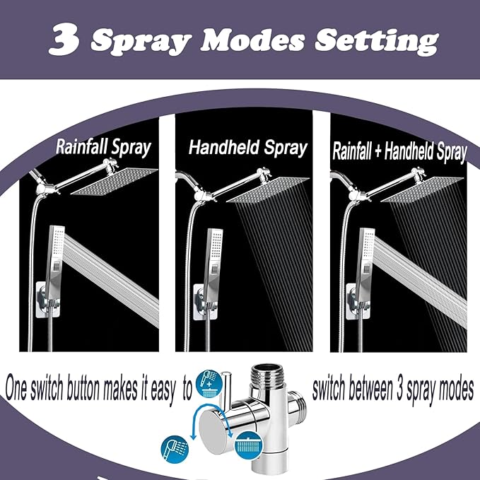 10" High Pressure Square Rainfall Shower Head and 2-in-1 Hand Shower, Equipped with 78"Hose,3 Way Diverter Valve, Adhesive Shower Head Holder (AWAXFOLO Chrome Square Shower Head Set)