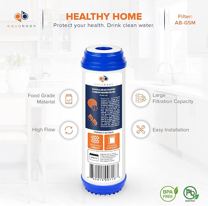 Aquaboon 5 Micron 10 x 2.5 Granular Activated Carbon Water Filter Cartridge GAC Water Filter Replacement Compatible with AP117, GAC-10, GAC1, 12 Pack