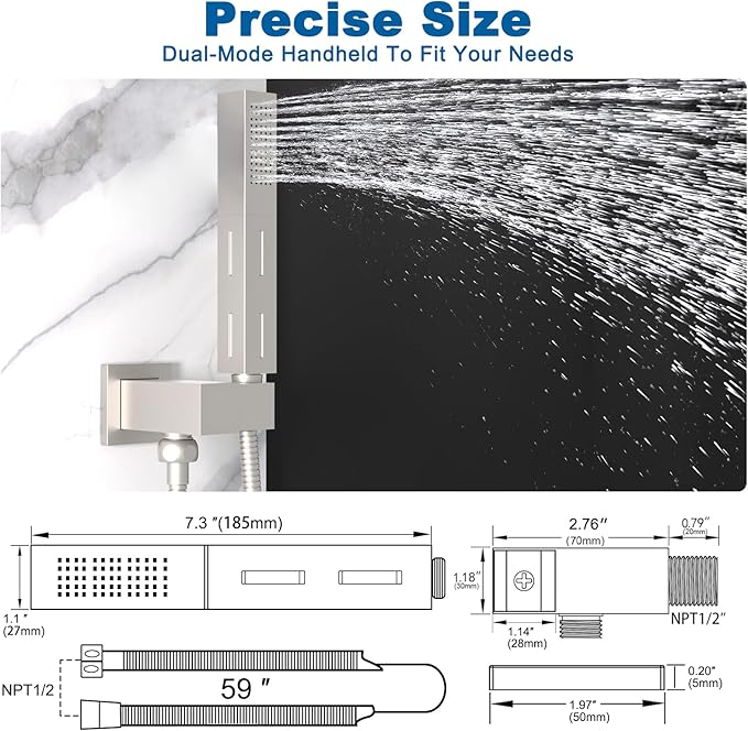 2 Settings Models Handheld Shower Head Sprayer High-Pressure with 59" Long Flexible Hose, Square 2 in1 Solid Brass Adjustable Shower Wand Replacement Kit, Brushed Nickel