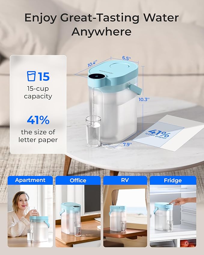 Waterdrop 0 TDS Zero TDS Water Rechargeable Water Filter Dispenser, 4-Stage Instant Electric Powerful Pitcher, Reduce Chlorine, Lead, 15-Cup Countertop Water Filtration System with 1 Filter, Blue
