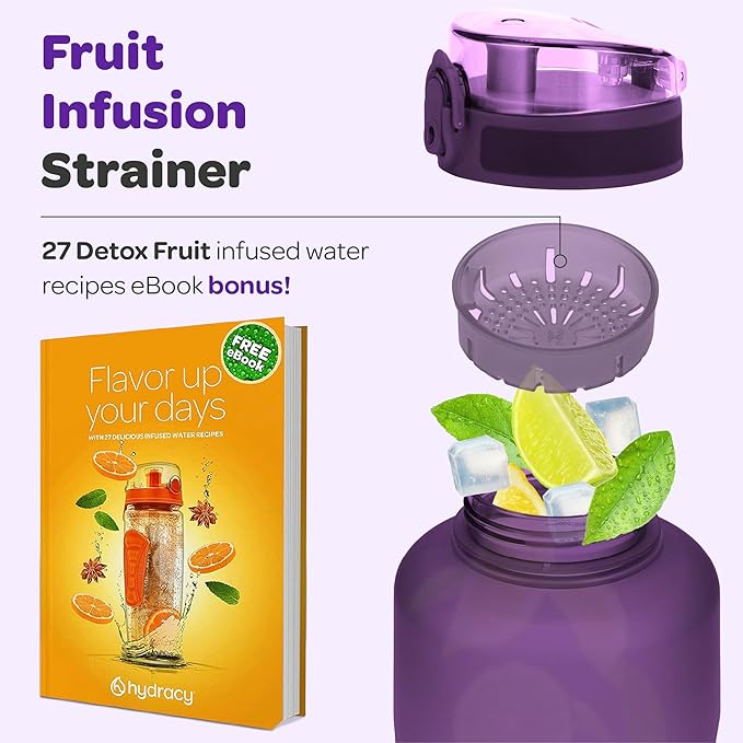 Hydracy Water Bottle with Time Marker -Large BPA Free Water Bottle & No Sweat Sleeve -Leak Proof Gym Bottle with Fruit Infuser Strainer & Times to Drink -Ideal for Fitness Sports & Outdoors