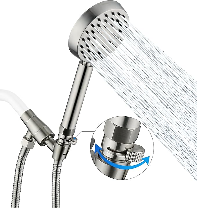 G-Promise Solid Metal Brushed Nickel Handheld Shower Head With Extra Long Stainless Steel Hose & Water Saving On/Off Pause Valve, Modern Style, 1 Setting, 10 Year Warranty
