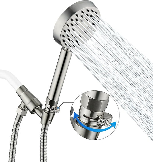 G-Promise Solid Metal Brushed Nickel Handheld Shower Head With Extra Long Stainless Steel Hose & Water Saving On/Off Pause Valve, Modern Style, 1 Setting, 10 Year Warranty