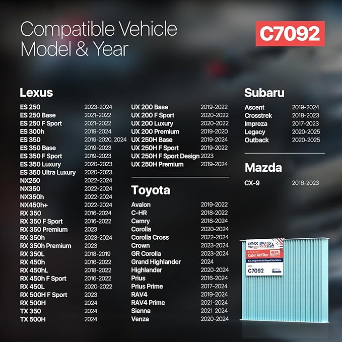 BNX TruFilter C7092 Cabin Air Filter, HEPA 99.97%, MADE IN USA, Compatible with Subaru Crosstrek, Ascent, Impreza, Legacy, Outback, Toyota Prius C-HR, Prius AWD-e, Prius Prime, Corolla, RAV4, Venza