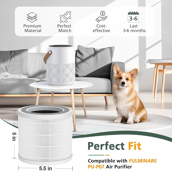 2 Pack P07 HEPA Replacement Filter Compatible with FULMINARE PU-P07 Air Purifier, 3-in-1 HEPA Filter Replacement (Not Fit for PU-P05 Air Purifier)