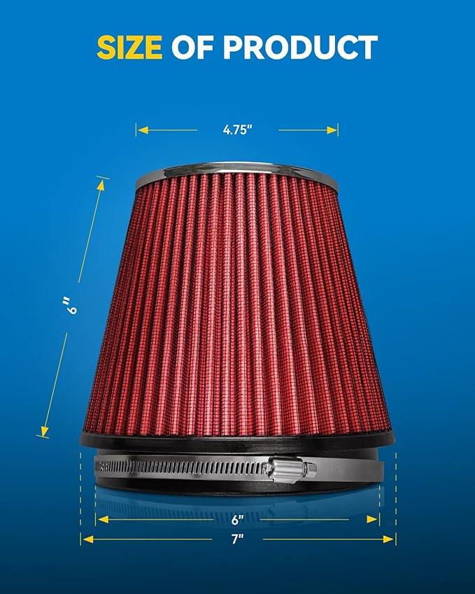 PHILTOP Universal Clamp-On Air Intake Filter, High Performance, Premium, Washable, Replacement Air Filter: High Flow Air Filter 6" 152 mm Inlet Short Truck(6" Tall)