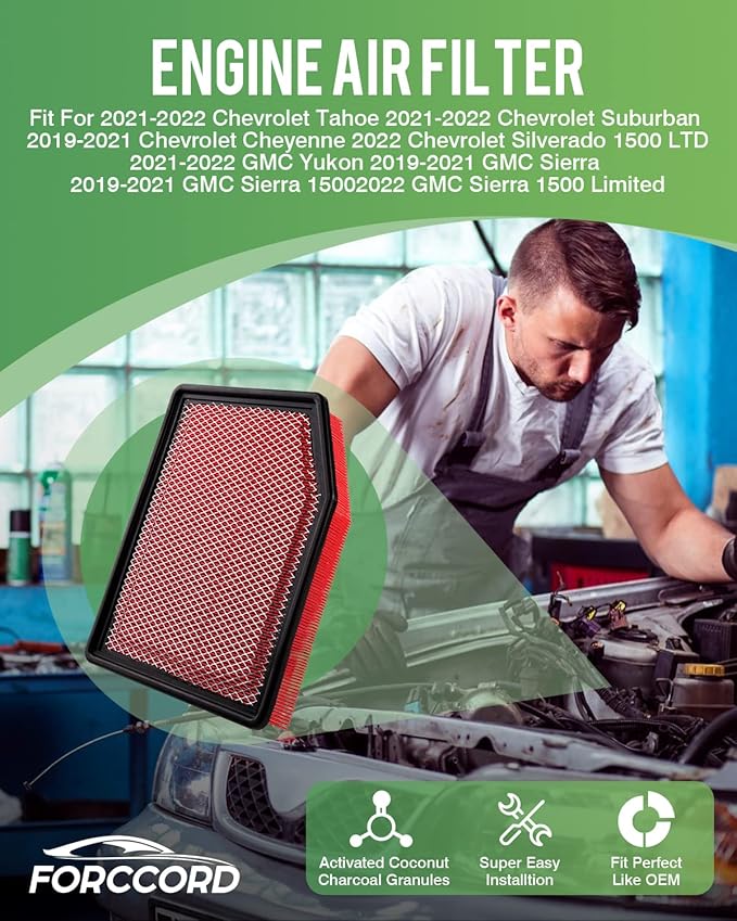 Cabin+Engine Air Filter Fit for Silverado 1500 (2019-2026); Sierra 1500(2020-26); Suburban (2021-26); Tahoe (2021-26) Carbon Cabin Filter Replacement Car Accessories CF11966 84121217