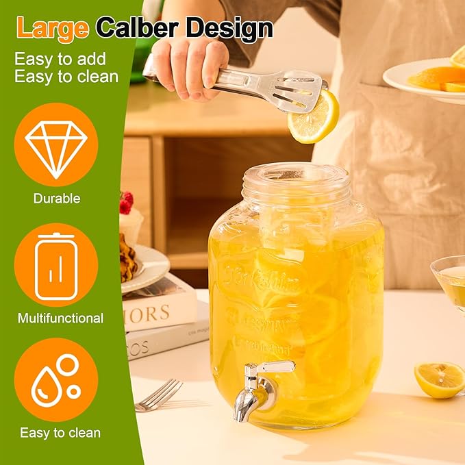 1 Gallon Beverage Dispenser, Glass Drink Dispensers for Parties, Fruit Infuser and Stainless Steel Spigot 100% Leakproof, Beverage Dispenser for Lemonade Sun Tea