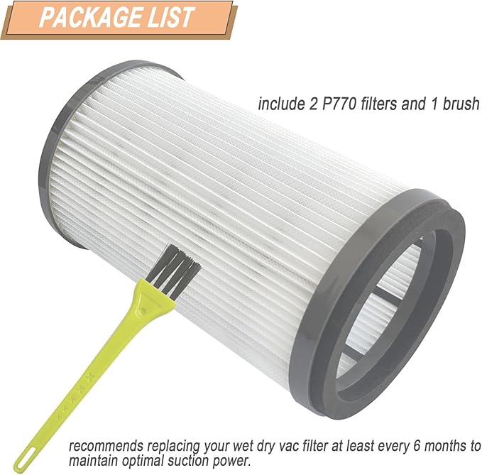 P770 Vacuum Filter Compatible with Ryobi 18-Volt ONE+ 6 Gal Cordless Wet Dry Vacuum Filter 313052002 (2 Packs，Grey)