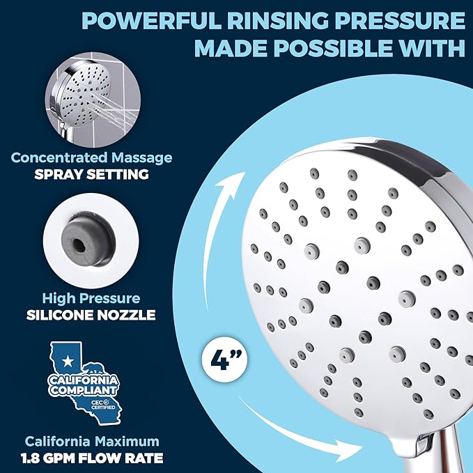 HammerHead Showers® Solid Metal 3-Spray Handheld Shower Head with Long Hose and Holder - CHROME - WIDE, MASSAGE, and MIST Sprays - 1.8 GPM Low Flow Handheld Showerhead - Water Saving Shower Head