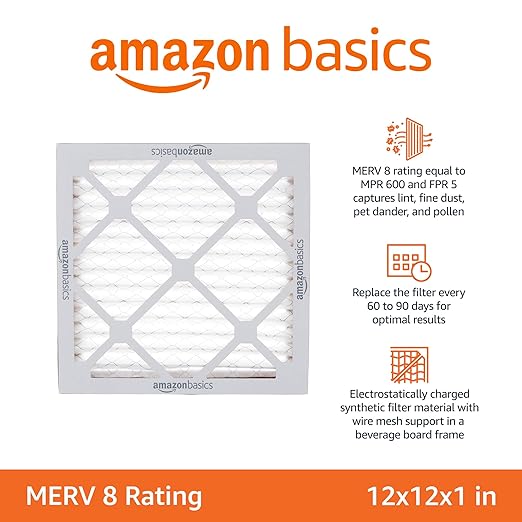 Amazon Basics 12x12x1 Air Filter 6 Pack, MERV 8 AC Furnace Filters (Actual Size: 11.75" x 11.75" x 0.75")