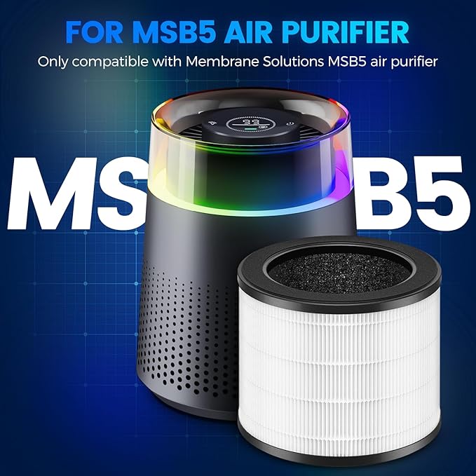 4 Pack MSB5 Filter Replacement Compatible with Membrane Solutions MSB5 Air Puri-fier, 3-in-1 Hepa Air Filter Replacement with High-Efficiency Filtration for Smoke Pollen Dander Hair Smell
