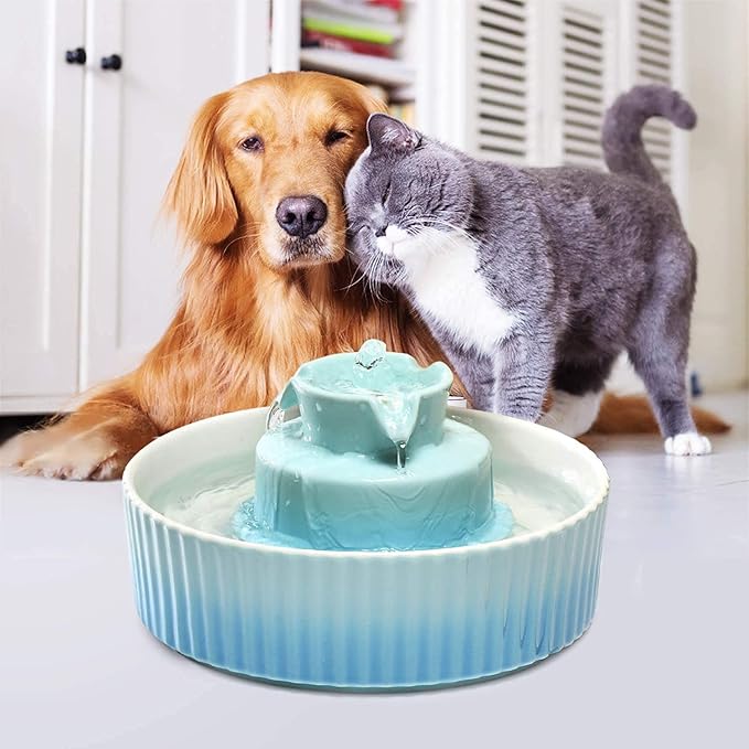 2.1L Ceramic Cat Water Fountain-for Cats and Dogs, 360 Ceramic Pet Fountain-70 Oz Large Water Capacity - Whisper-Quiet Water Flow-Great for Shy or Timid Pets - Fresh, Filtered Water (Blue)