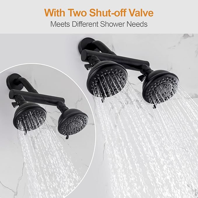High Pressure Double Shower Head with Shut-Off Valve and Shower Arm Set Solid Brass Casting Dual Outlet Manifold Dual Shower Fixed Head 3 Function Shower Heads Sprayers, Matte Black