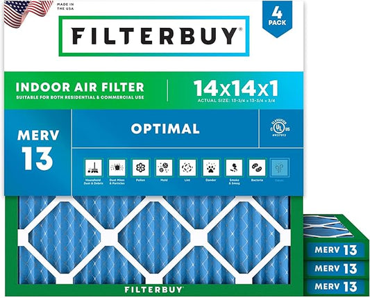 Filterbuy 14x14x1 Air Filter MERV 13 (MPR 1900) Health Defense Replacement (4-Pack), Electrostatic Pleated HVAC AC Furnace Filters, Made in USA (Actual Size: 13.75 x 13.75 x 0.75)