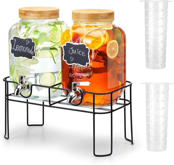 2 Pack 1 Gallon Glass Drink Dispenser with Bamboo Lid, Beverage Dispenser with Stand, Drink Machine for Lemonade, Iced Drinks Kombucha Dispenser