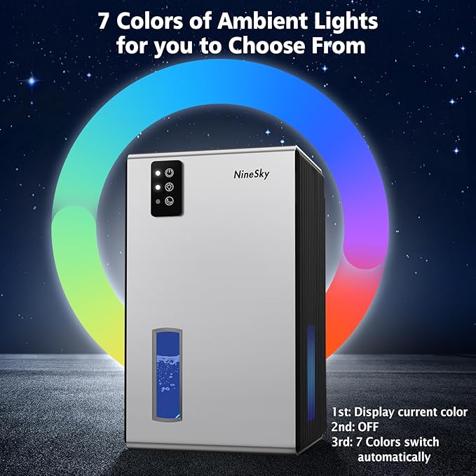 NineSky Dehumidifier for Home, 95 OZ Water Tank, (1000 sq.ft) Dehumidifiers for Bathroom Bedroom Basement with Auto Shut Off,7 Colors LED Light (Silver)