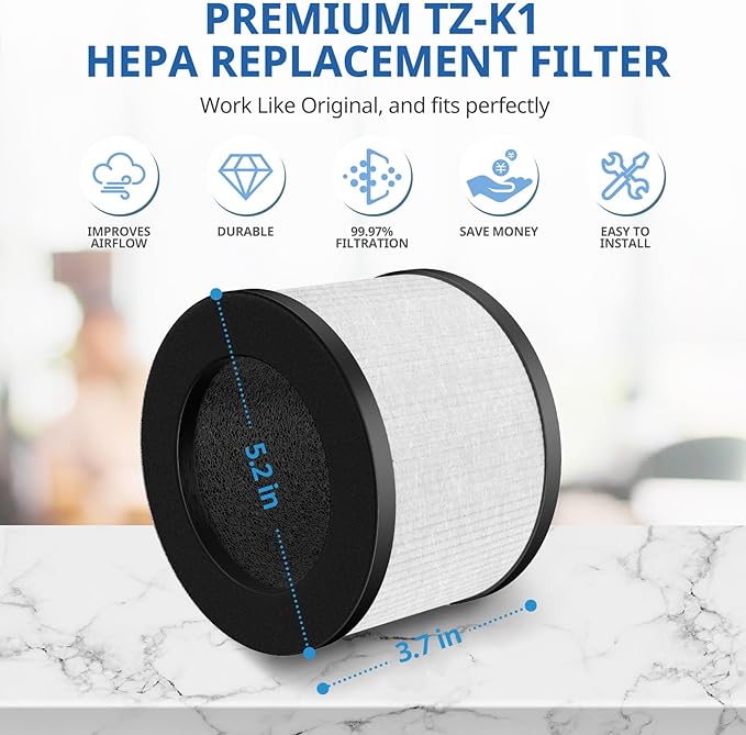 3 Pack TZ-K1 Replacement Filter Compatible with ToLife TZ-K1 Air Puri-fier, MK01 MK06 and FreAire KN6391 Air Purifiers, 3-in-1 Filtration Filter, Activated Carbon and Pre-filter, 360° Rotating Filters