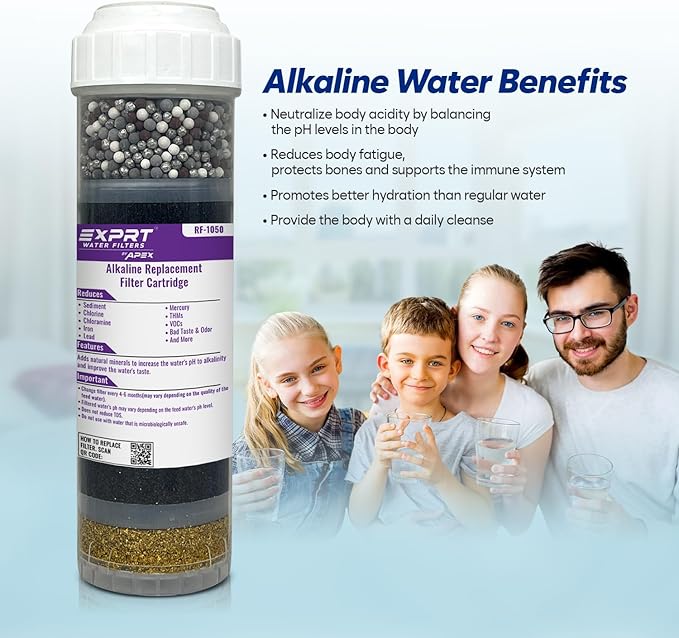 RF-1050 Alkaline Filter Cartridge – 2.5" x 10" Universal Fit – Removes Chloramines, Chlorine, Heavy Metals, Odor – KDF-55, Activated Carbon, Alkaline Beads Adds Essential Minerals