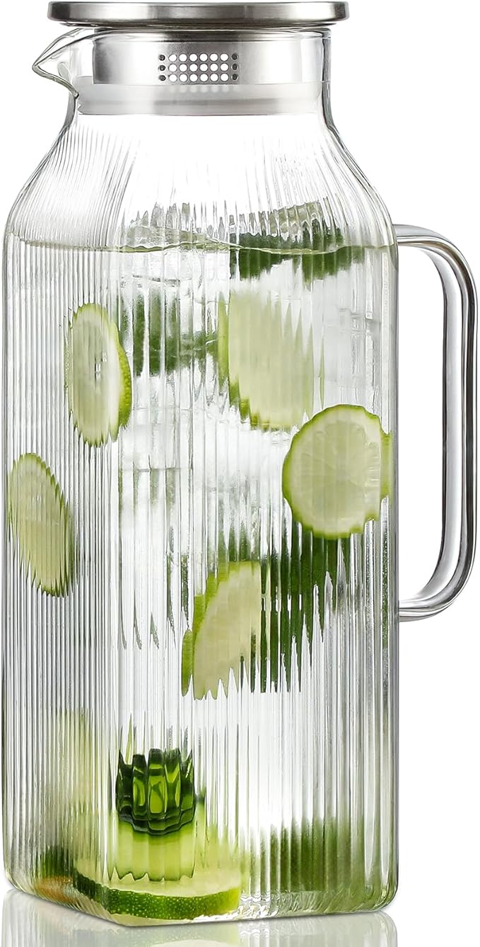 2 Liter/68 oz Square Glass Pitcher with Lid, Classic Stripes Water Pitchers with Handle for Fridge, Large Jug for Iced Tea, Coffee, Borosilicate Glass Carafe for Hot/Cold Brew Drink, Silver