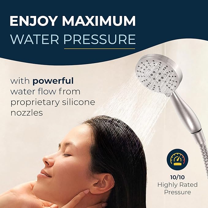 HammerHead Showers Solid Metal 3-Spray Handheld Shower Head with Long Hose and Holder, High Pressure, Wide/Massage/Mist Sprays, Brushed Nickel, 1.75 GPM