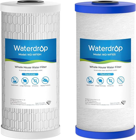 Waterdrop Whole House Water Filter, Heavy Metal and Anti-Scale Sediment Filter, Replacement for GE® FXHTC, GXWH40L, iSpring, Culligan® RFC-BBSA, Whirlpool®, Any 10" x 4.5" System, 5 Micron