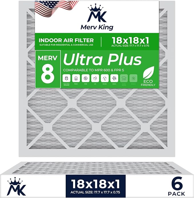 MervKing 18x18x1 Air Filter Actual Size: 17.7" x 17.7" x 0.75" MERV 8 MPR 600-700 | MADE IN USA | 6-Pack | Pleated HVAC AC Furnace Replacement