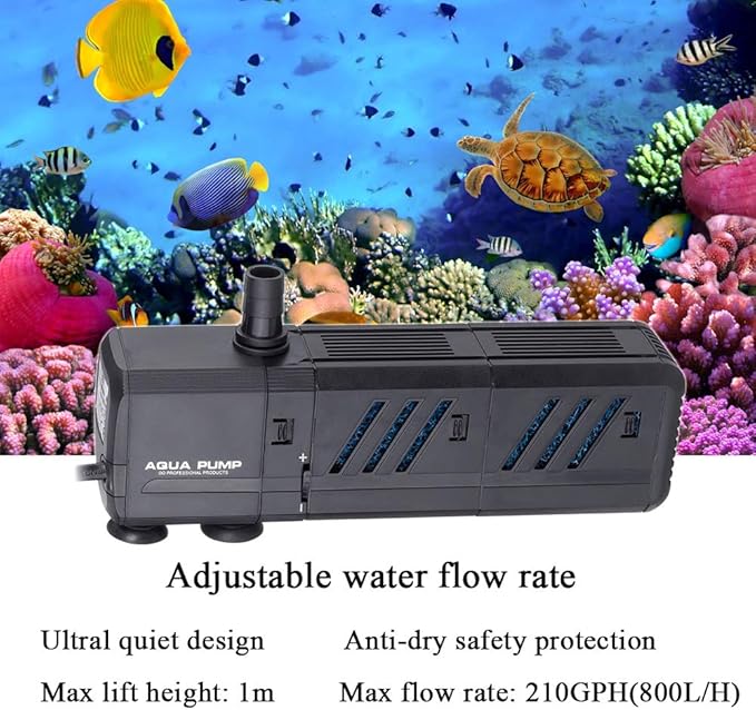 MQ 210GPH Submersible Water Pump (800L/H, 8W) with Filters and Water Nozzles, Ultra Quiet for Aquarium, Fish Tank, Pond, Fountain, Hydroponics