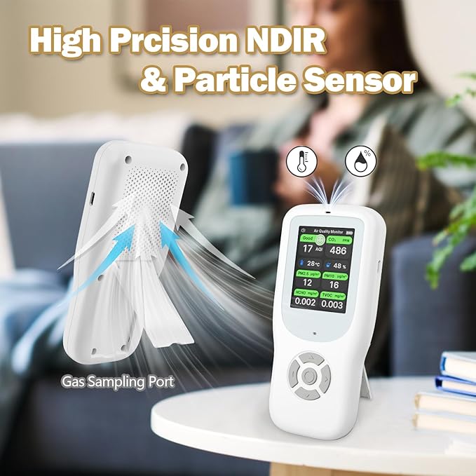11-in-1 Air Quality Monitor - Portable Indoor Air Quality Detector with Stand, Real-Time Test for AQI, CO2, PM2.5, PM1.0, PM10, TVOC, HCHO, Particles, Temperature & Humidity with Aler (White-Black)
