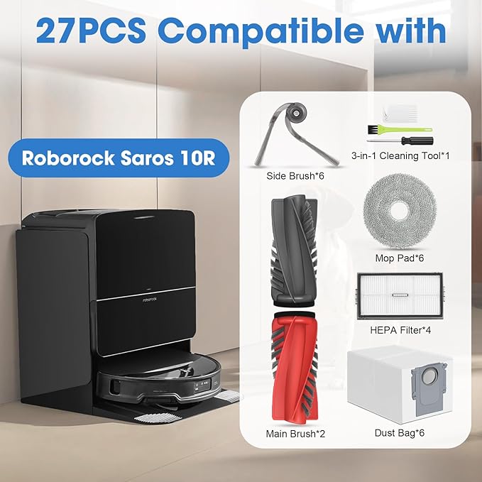 27PCS Replacement Accessories Kit for Roborock Saros 10R / Qrevo CurvX Vacuum Cleaner Includes 2 Main Brush, 4 HEPA Filters, 6 Mop Pads, 6 Dust Bags, 6 Side Brushes, 3 Cleaning Tools