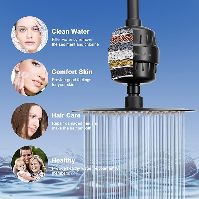 NearMoon Filtered Shower Head, High Pressure 8″Round Rain Shower and 5 settings Handheld Shower Filter Combo with Self-adhesive Holder/1.5M Hose -1 Replaceable Filter Cartridge (Matte Black)