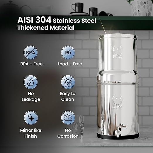 Gravity Water Filter System - 1.5 Gallons NSF Certified AISI 304 Stainless Steel Water Filter with 2 Smart Carbon Filters, 2 POSTreat Steel Fluoride Removal Elements & Free Stainless Steel Spigot