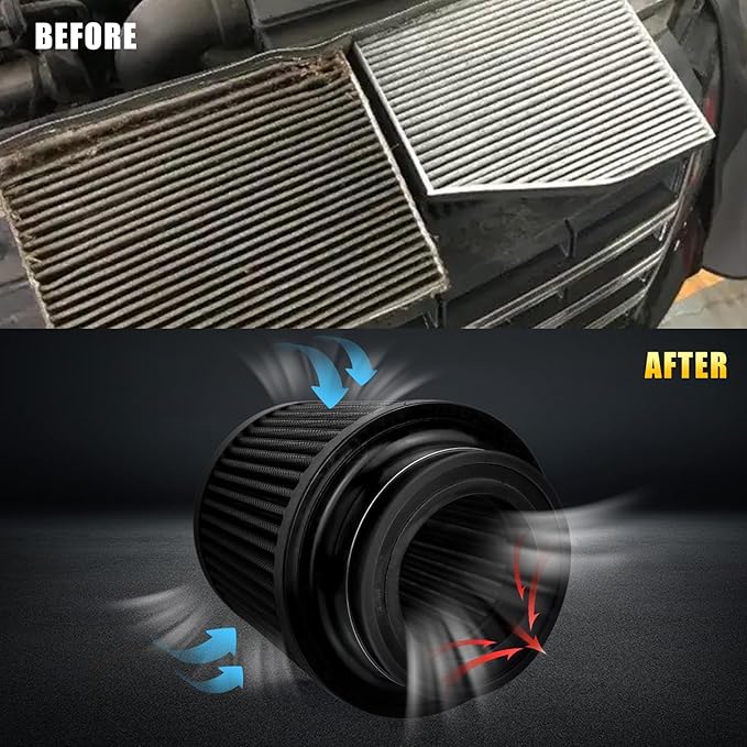 RULLINE 76mm 89mm 102mm Air Filter 3" 3.5" 4" Cold Air Intake Universal Clamp-On Air Filter Three Different Size High Flow Round Tapered Cone Cool Cleaner Black