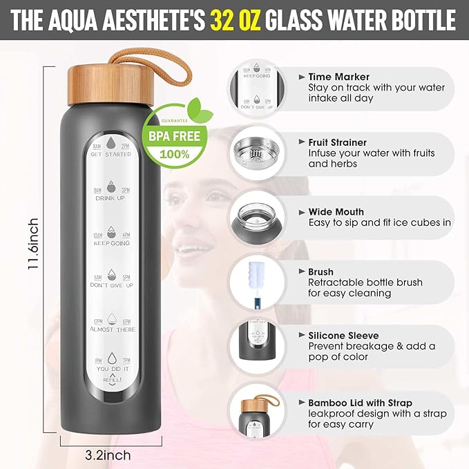 Aqulea Glass Water Bottles 32 Oz with Silicone Sleeve - BPA Free Reusable Wide Mouth Glass Motivational Water Bottles with Fruit Infuser – Leak Proof Borosilicate Water Bottle with Time Marker (Dark)