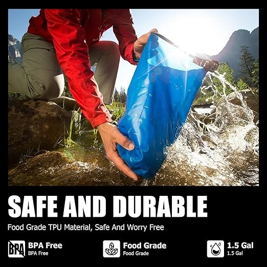 Gravity Water Filter Straw, 1.5 Gal Camping Water Filtration System with 1L Hiking Collapsible Water Bottles and Water Filter Straw for Travel, Backpacking, Emergency Preparedness, Blue