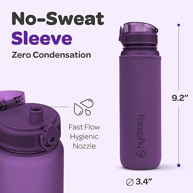 Hydracy Water Bottle with Time Marker -Large BPA Free Water Bottle & No Sweat Sleeve -Leak Proof Gym Bottle with Fruit Infuser Strainer & Times to Drink -Ideal for Fitness Sports & Outdoors
