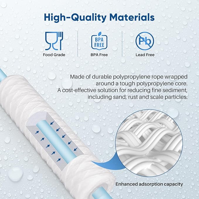 PUREPLUS 5 Micron 10"x2.5" Whole House String Wound Sediment Filter for Well Water, Replacement Cartridge for Universal 10 inch RO System, WP-5, Aqua-Pure AP110, CFS110, Culligan P5, WFPFC4002, 6Pack