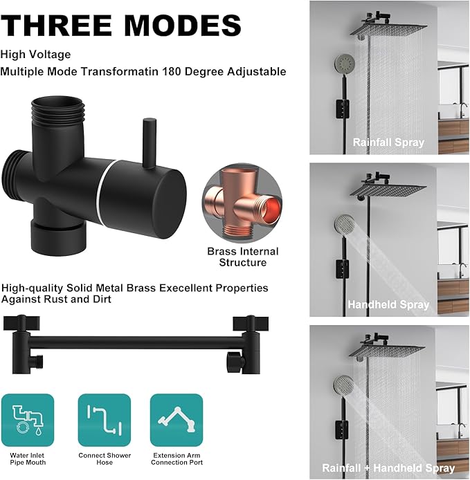 Shower Heads with Handheld Spray Combo 10" Matte Black High Pressure Rain Shower Head 11" Adjustable Extension Arm and 5 Settings Adjustable SUS 304 Handheld Showers, Shower Head Rainfall